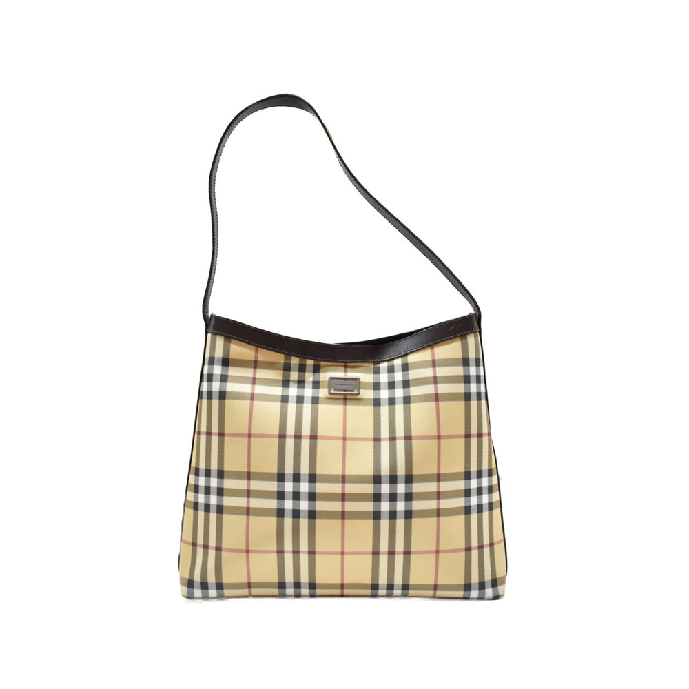 BURBERRY Nova Check Tote Bag Beige Tan Dark Brown Black Leather - Picture 1 of 7